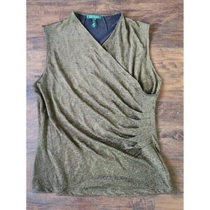 RALPH LAUREN Burnished Gold Metallic Knit Surplice Sleeveless Shell XL